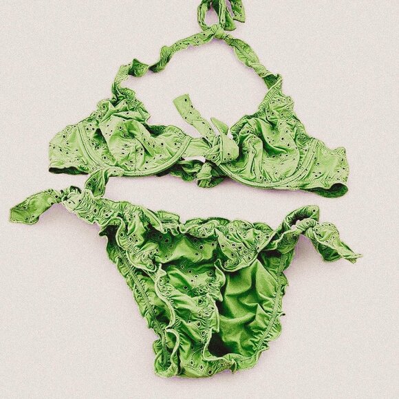 Bright green y2k scrunch frilly romantic eyelet bow European summer bikini M - Picture 1 of 7